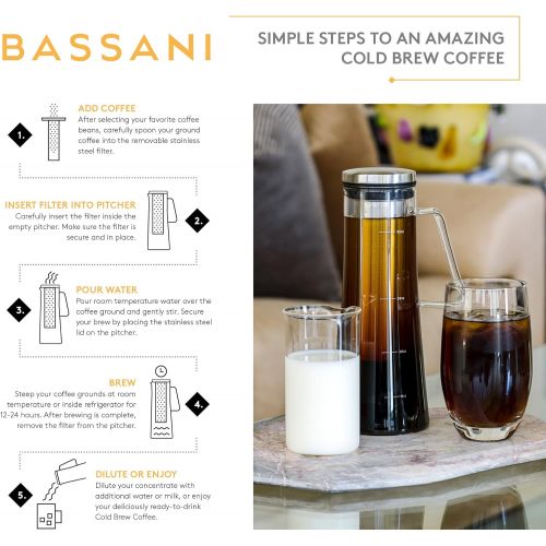  Bassani Home Airtight Cold Brew Iced Coffee Maker and Tea Infuser with Spout Brocca by Bassani 1.0L / 32oz Glass Carafe with Stainless Steel Removable and Reusable Filter