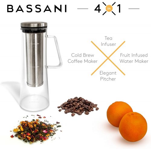  Bassani Home Airtight Cold Brew Iced Coffee Maker and Tea Infuser with Spout Brocca by Bassani 1.0L / 32oz Glass Carafe with Stainless Steel Removable and Reusable Filter