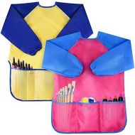 [아마존베스트]Bassion Pack of 2 Kids Art Smocks, Children Waterproof Artist Painting Aprons Long Sleeve with 3 Pockets for Age 2-6 Years