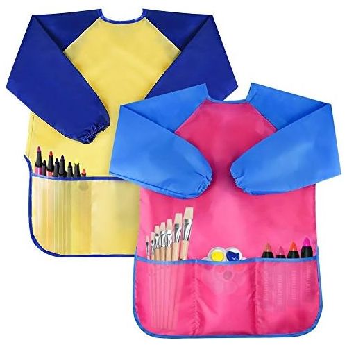  [아마존베스트]Bassion Pack of 2 Kids Art Smocks, Children Waterproof Artist Painting Aprons Long Sleeve with 3 Pockets for Age 2-6 Years