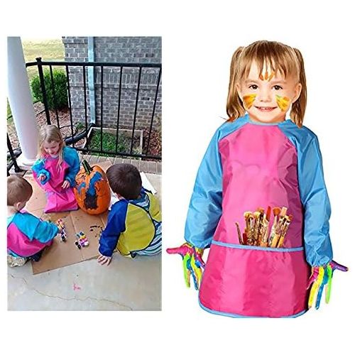  [아마존베스트]Bassion Pack of 2 Kids Art Smocks, Children Waterproof Artist Painting Aprons Long Sleeve with 3 Pockets for Age 2-6 Years