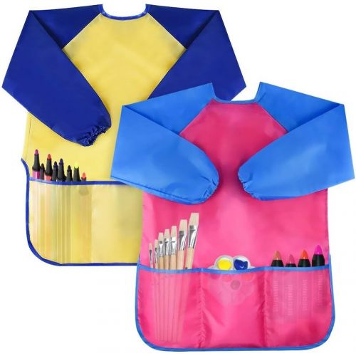  [아마존베스트]Bassion Pack of 2 Kids Art Smocks, Children Waterproof Artist Painting Aprons Long Sleeve with 3 Pockets for Age 2-6 Years