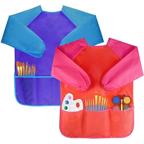  [아마존베스트]Bassion Pack of 2 Kids Art Smocks, Children Waterproof Artist Painting Aprons Long Sleeve with 3 Pockets for Age 2-6 Years