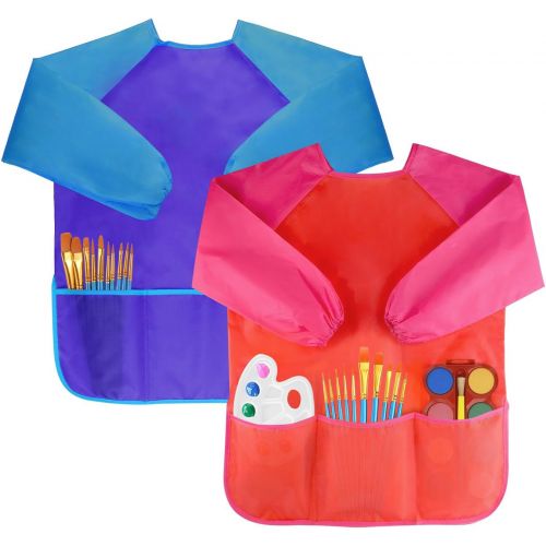  [아마존베스트]Bassion Pack of 2 Kids Art Smocks, Children Waterproof Artist Painting Aprons Long Sleeve with 3 Pockets for Age 2-6 Years