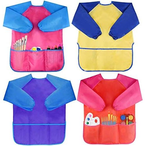  [아마존베스트]Bassion Pack of 4 Kids Art Smocks, Children Waterproof Artist Painting Aprons Long Sleeve with 3 Pockets for Age 2-6 Years