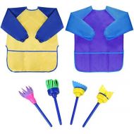 [아마존베스트]Bassion Pack of 2 Childrens Art Smocks, Waterproof Artists Painting Aprons Long Sleeve with 3 Pockets for Age 2-6 Years, Including 4 Kids Sponge Painting Brushes