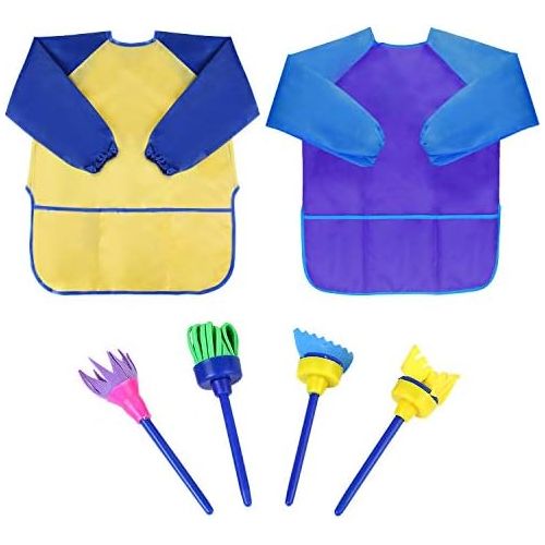  [아마존베스트]Bassion Pack of 2 Childrens Art Smocks, Waterproof Artists Painting Aprons Long Sleeve with 3 Pockets for Age 2-6 Years, Including 4 Kids Sponge Painting Brushes