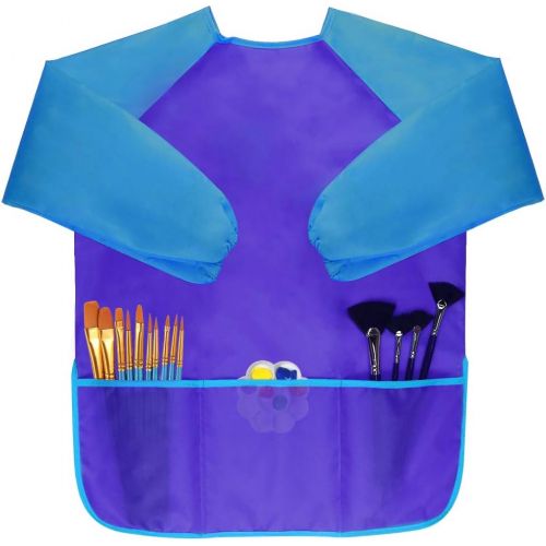  [아마존베스트]Bassion Pack of 2 Childrens Art Smocks, Waterproof Artists Painting Aprons Long Sleeve with 3 Pockets for Age 2-6 Years, Including 4 Kids Sponge Painting Brushes