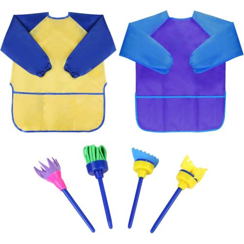  [아마존베스트]Bassion Pack of 2 Childrens Art Smocks, Waterproof Artists Painting Aprons Long Sleeve with 3 Pockets for Age 2-6 Years, Including 4 Kids Sponge Painting Brushes