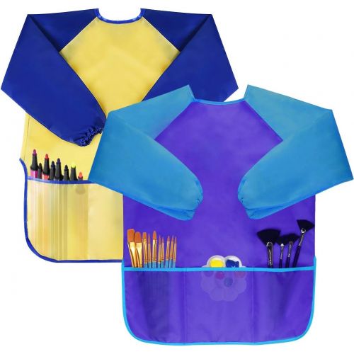  [아마존베스트]Bassion Pack of 2 Childrens Art Smocks, Waterproof Artists Painting Aprons Long Sleeve with 3 Pockets for Age 2-6 Years, Including 4 Kids Sponge Painting Brushes