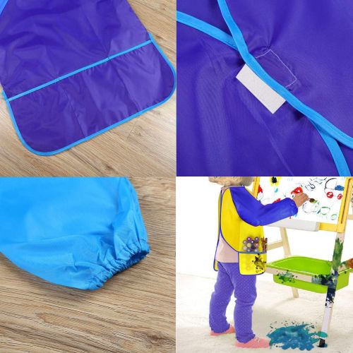  [아마존베스트]Bassion Pack of 2 Childrens Art Smocks, Waterproof Artists Painting Aprons Long Sleeve with 3 Pockets for Age 2-6 Years, Including 4 Kids Sponge Painting Brushes