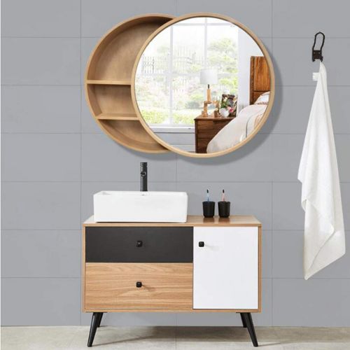  Bathroom Mirrors Mirror Cabinet Solid Wood Wall-Mounted Vanity Vanity Mirror Hotel Mirror with Shelf Round Wooden Frame Mirror with Locker (Color : Yellow, Size : 7013.5cm)