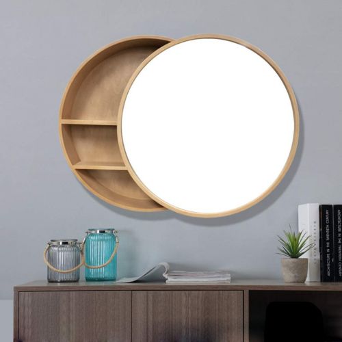  Bathroom Mirrors Mirror Cabinet Solid Wood Wall-Mounted Vanity Vanity Mirror Hotel Mirror with Shelf Round Wooden Frame Mirror with Locker (Color : Yellow, Size : 7013.5cm)