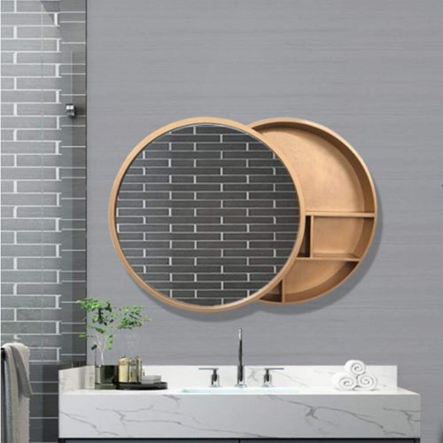  Bathroom Mirrors Mirror Cabinet Solid Wood Wall-Mounted Vanity Vanity Mirror Hotel Mirror with Shelf Round Wooden Frame Mirror with Locker (Color : Yellow, Size : 7013.5cm)