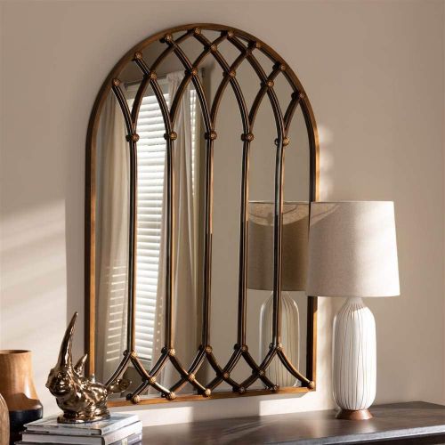  Baxton Studio Arched Window Wall Mirror in Antique Bronze Finish