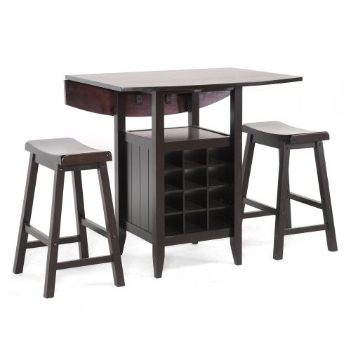  Baxton Studio 3-Piece Reynolds Black Wood Modern Drop-Leaf Pub Set with Wine Rack