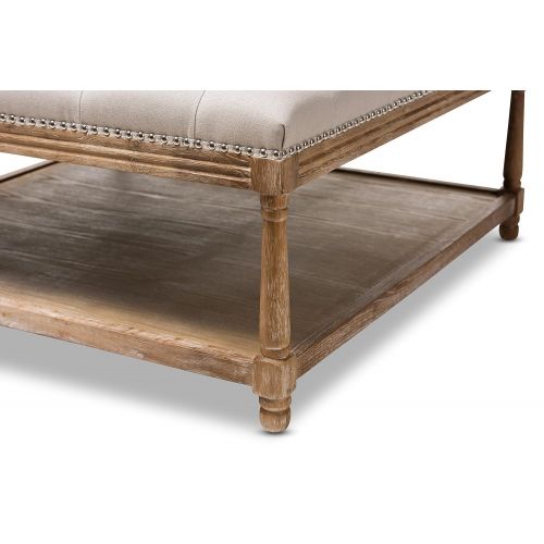  Baxton Studio 424-7606-AMZ Valensole French Country Weathered Oak Rectangular Coffee Table Ottoman, Beige Linen