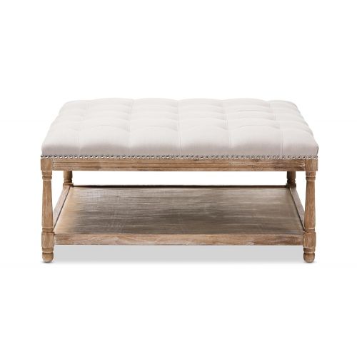  Baxton Studio 424-7606-AMZ Valensole French Country Weathered Oak Rectangular Coffee Table Ottoman, Beige Linen