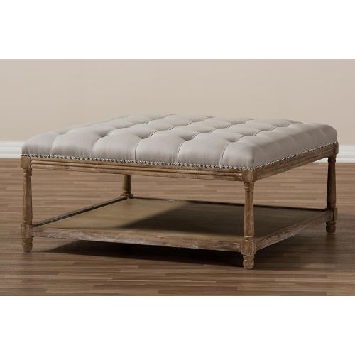  Baxton Studio 424-7606-AMZ Valensole French Country Weathered Oak Rectangular Coffee Table Ottoman, Beige Linen