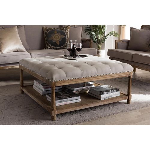  Baxton Studio 424-7606-AMZ Valensole French Country Weathered Oak Rectangular Coffee Table Ottoman, Beige Linen