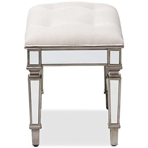  Baxton Studio Marielle White Fabric Upholstered Mirrored Vanity Bench