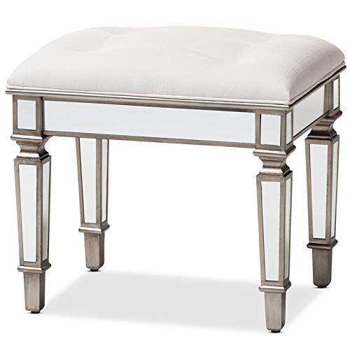  Baxton Studio Marielle White Fabric Upholstered Mirrored Vanity Bench