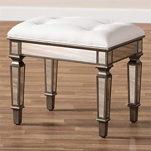  Baxton Studio Marielle White Fabric Upholstered Mirrored Vanity Bench