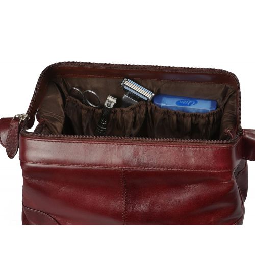  Mens Toiletry Bag Dopp Kit by Bayfield Bags-Small Compact Minimalist Glossy Leather Shaving Kit For Toiletry Travel Bag (10x5x5) (burgundy) Mens Toiletries Bag, Organizer Grooming