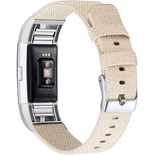  [아마존베스트]Bayite bayite Canvas Fabric Bands Compatible with Fitbit Charge 2, Soft Classic Replacement Woven Straps Wristband Women Men, Beige Small