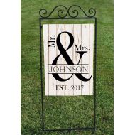 /BayouFlags Personalized Wedding Garden Flag, Mr and Mrs, est. year faux wood background, Black Lettering, great for shower or wedding day, 12x18