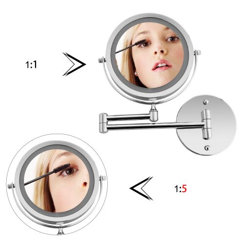  Bazal Makeup Mirror Wall Mount 5x Magnifying Mirror LED Lighted Cosmetic Vanity Mirror for Bathroom Two Sided Face Mirror, Powered by 4 x AAA Batteries (not included)