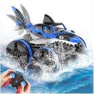 Baztoy Amphibious Remote Control Car, RC Cars 2.4 GHz Working on Water, Big Monster Shark Car Vehicle for Beach Pool Toys, Toys Car Gift for 4 5 6 7 8 9 10 11 12 Year Old Kids Boys Girls