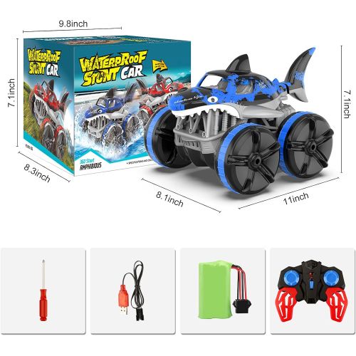  Baztoy Amphibious Remote Control Car, RC Cars 2.4 GHz Working on Water, Big Monster Shark Car Vehicle for Beach Pool Toys, Toys Car Gift for 4 5 6 7 8 9 10 11 12 Year Old Kids Boys Girls