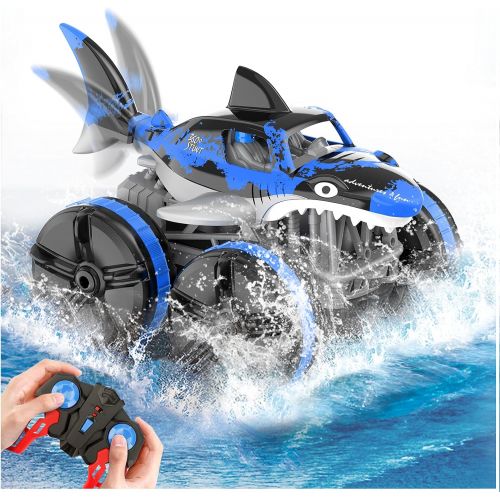  Baztoy Amphibious Remote Control Car, RC Cars 2.4 GHz Working on Water, Big Monster Shark Car Vehicle for Beach Pool Toys, Toys Car Gift for 4 5 6 7 8 9 10 11 12 Year Old Kids Boys Girls