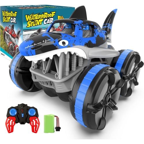  Baztoy Amphibious Remote Control Car, RC Cars 2.4 GHz Working on Water, Big Monster Shark Car Vehicle for Beach Pool Toys, Toys Car Gift for 4 5 6 7 8 9 10 11 12 Year Old Kids Boys Girls