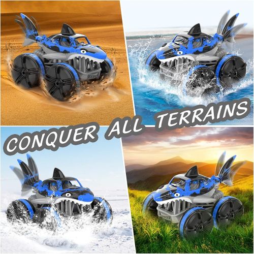  Baztoy Amphibious Remote Control Car, RC Cars 2.4 GHz Working on Water, Big Monster Shark Car Vehicle for Beach Pool Toys, Toys Car Gift for 4 5 6 7 8 9 10 11 12 Year Old Kids Boys Girls