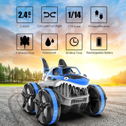  Baztoy Amphibious Remote Control Car, RC Cars 2.4 GHz Working on Water, Big Monster Shark Car Vehicle for Beach Pool Toys, Toys Car Gift for 4 5 6 7 8 9 10 11 12 Year Old Kids Boys Girls