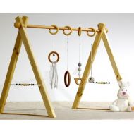 BbCamino Portico educational Montessori baby gym, gray and white version, 4 rings, spheres in wood on the sides.