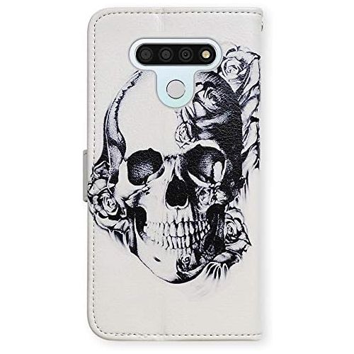  [아마존베스트]LG Stylo 6 Case,Bcov Black Flower Skull Leather Flip Case Wallet Cover with Card Slot Holder Kickstand for LG Stylo 6