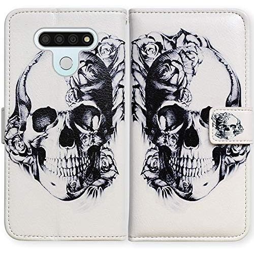  [아마존베스트]LG Stylo 6 Case,Bcov Black Flower Skull Leather Flip Case Wallet Cover with Card Slot Holder Kickstand for LG Stylo 6