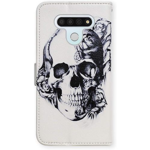  [아마존베스트]LG Stylo 6 Case,Bcov Black Flower Skull Leather Flip Case Wallet Cover with Card Slot Holder Kickstand for LG Stylo 6