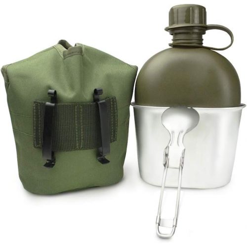  [아마존베스트]BeGrit Outdoor Kettle Canteen Aluminum Cup Kit and Cover with Stainless Steel Foldable Spoon Fork for Hiking Camping, 1 Quart