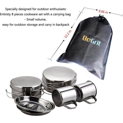  BeGrit Backpacking Camping Cookware Mini Picnic Camp Cooking Cook Set for Hiking (8pcs/set, 410 Stainless Steel)