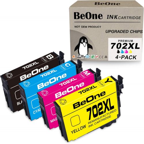  BeOne Remanufactured Ink Cartridge Replacement for Epson 702 XL 702XL T702 T702XL 4-Pack to Use with Workforce Pro WF-3720 WF-3730 WF-3733 WF3720 WF3730 WF3733 Printer (Black Cyan