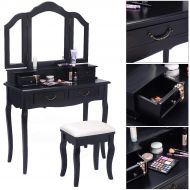 Tri Folding Mirror Black Wood Bathroom Vanity Set Makeup Table Dresser 4 Drawers + Stool BeUniqueToday