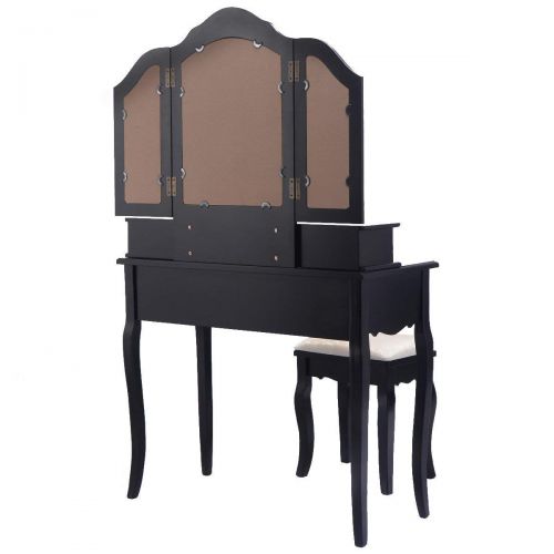  Tri Folding Mirror Black Wood Bathroom Vanity Set Makeup Table Dresser 4 Drawers + Stool BeUniqueToday