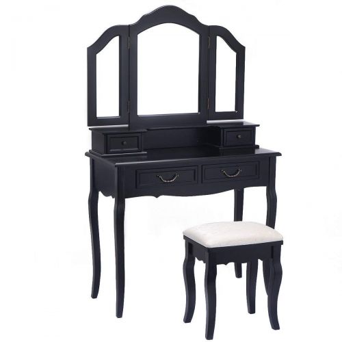  Tri Folding Mirror Black Wood Bathroom Vanity Set Makeup Table Dresser 4 Drawers + Stool BeUniqueToday