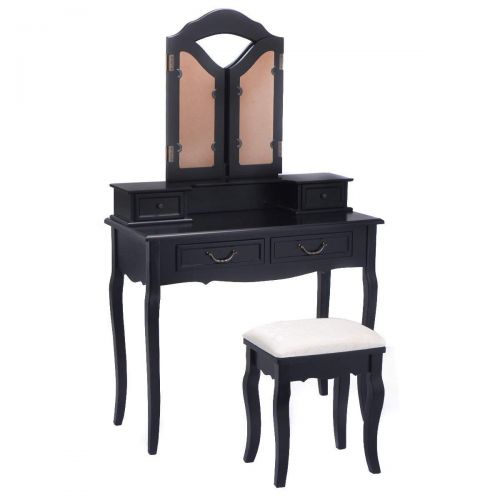  Tri Folding Mirror Black Wood Bathroom Vanity Set Makeup Table Dresser 4 Drawers + Stool BeUniqueToday