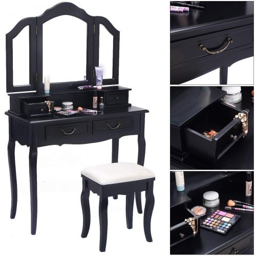  Tri Folding Mirror Black Wood Bathroom Vanity Set Makeup Table Dresser 4 Drawers + Stool BeUniqueToday