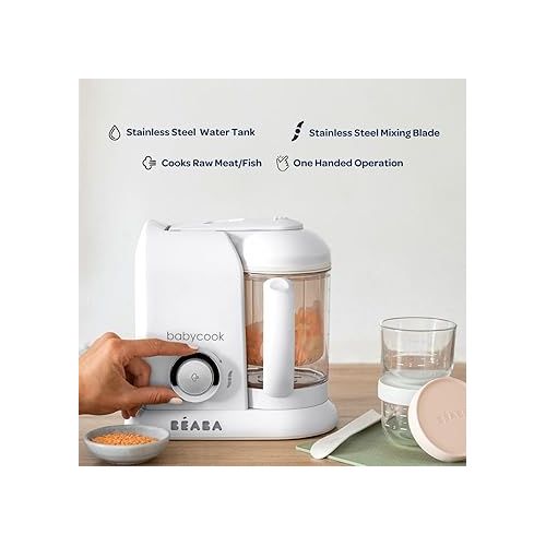  BEABA Babycook Solo 4 in 1 Baby Food Maker, Baby Food Processor, Steam Cook + Blend, Lrg Capacity 4.5 Cups - 27 Servings in 20 Mins, Cook Healthy Baby Food at Home, Dishwasher Safe, Eucalyptus